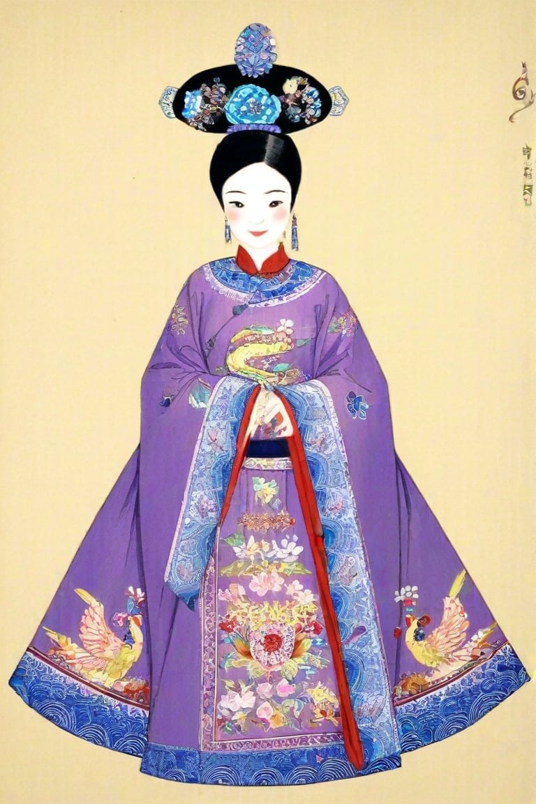 The drawing features a woman in traditional royal East Asian attire, which is characterized by its distinctive style and the use of floral patterns. The robe's purple color is accented with blue and yellow embroidery, suggesting a connection to nature and possibly symbolizing wealth or status. The headdress is elaborate, with what appears to be precious stones and feathers, indicating a ceremonial or royal context.