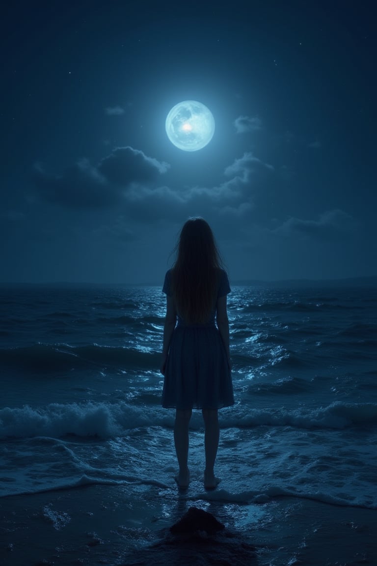 A young girl stands at the edge of a vast, dark sea, with the full moon rising high in the sky. The water stretches out before her, its waves gently lapping against the shore as the night's silence is broken only by the distant calls of nocturnal creatures. The girl's figure is silhouetted against the moon's soft glow, her long hair blowing softly in the ocean breeze.,Sea