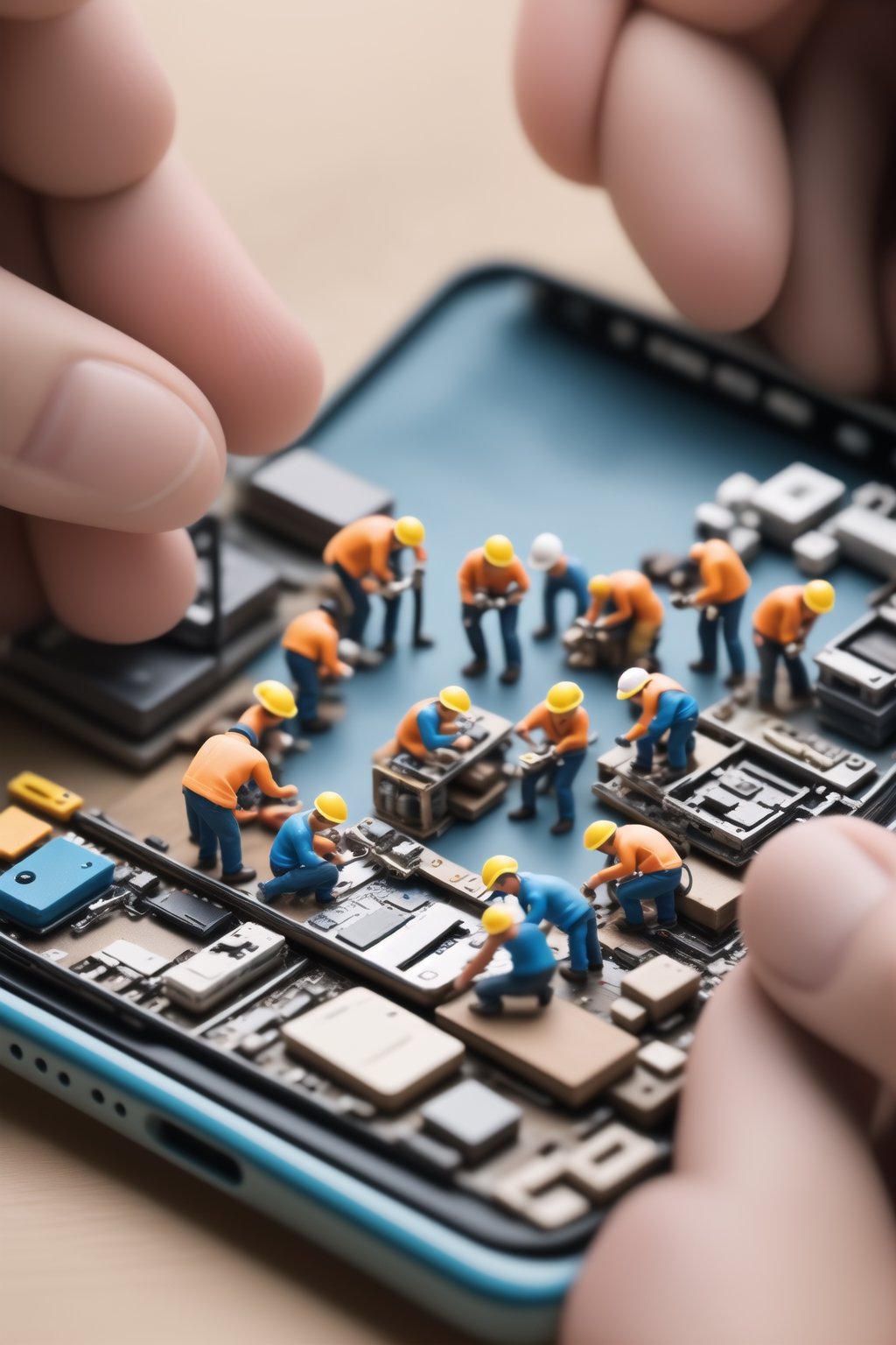 Create an detail image in which some miniature workers are repairing a smartphone's internals,  with a tilt-shift effect to enhance realism, Miniature world, full detail.,