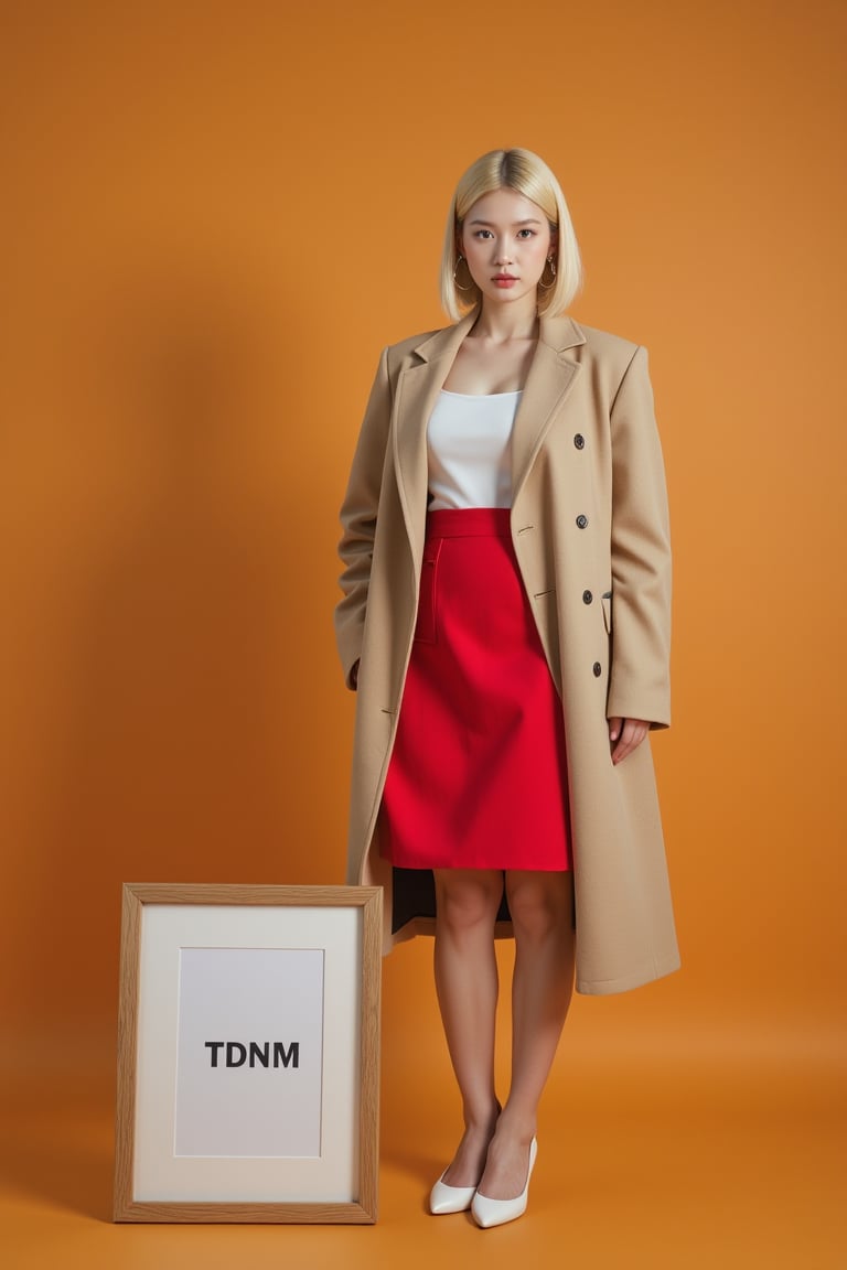 A confident model stands poised in front of a warm-toned backdrop, the beige coat and red skirt contrasting against the neutral hues. Her blonde hair is sleekly styled in a bob, framing her face alongside oversized hoop earrings. The focal point, however, lies on the framed sign TDNM  placed at her feet, drawing attention to its bold message amidst the otherwise understated composition.