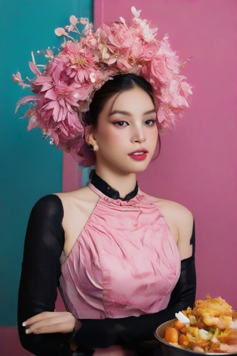 A girl has an elaborate hairstyle with a mix of black and pink tones, which could suggest a creative or rebellious personality. The presence of the colorful background may indicate a sense of vibrancy or action associated with the character. She wears an food inspiration outfit. The overall composition and style are indicative of a narrative-driven genre such as comics or graphic novels.,Pho,Supreme Realistic,detailed face