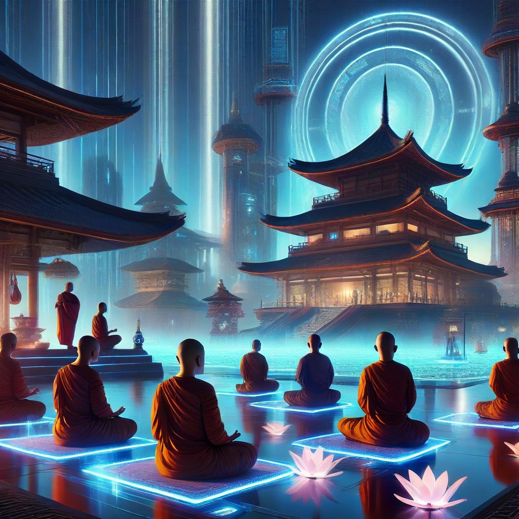 A futuristic scene depicting Buddhism in the year 3000, where monks meditate in a serene, high-tech temple. The temple is illuminated by soft, ambient lighting, with holographic lotus flowers floating in the air. The monks are dressed in advanced, yet traditional robes, sitting in a peaceful lotus position. The background features a blend of ancient Buddhist symbols and futuristic technology, creating a harmonious fusion of old and new. The composition is centered around the monks, with the temple architecture framing the shot, emphasizing the serene atmosphere.