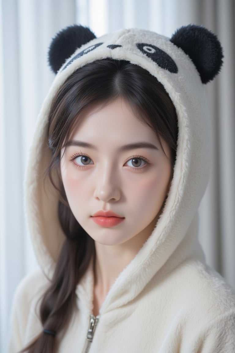 A close-up shot of a young Asian girl with long brown hair and blue eyes, wearing a white panda hoodie. The hoodie is fluffy and white, with black panda ears on top of it. The girl's hair is pulled back in a ponytail, and she's wearing a light pink lip. Her eyes are a piercing blue, and her lips are a darker pink. The background is blurred, with a white curtain visible behind the girl.