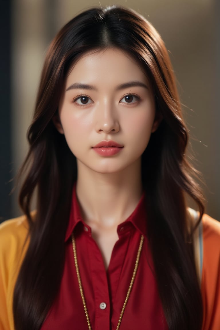 a young Asian woman with long dark brown hair is stunning. She is wearing a gold necklace, a red button-down shirt, and a yellow and orange shawl. The background is blurred, creating a soft focus on the woman's face. The woman's eyes are a piercing blue, and her lips are a darker pink. Her hair is cascading down her shoulders, adding a pop of color to her face.