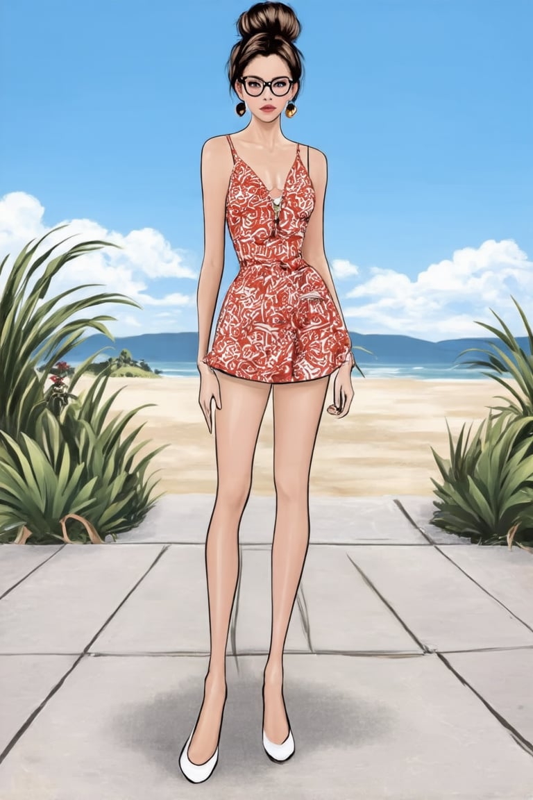 The image depicts a woman standing on a sidewalk in an urban setting. She is dressed in summer holiday outfit, combine colors perrfect.  She is accessorizing with a pair of glasses . Her hair is styled bun. In the background, there's a beach landscape. Realistic Enhance,digital art,Cartoon.