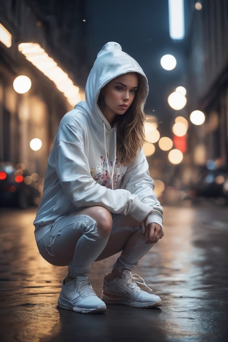 Photorealistic image, full body portrait, girl sitting down squatting, in doubt, hoody, light colors, puzzeled, questiond unanswered, frustrated, alone, highly detailed, cinematic lighting