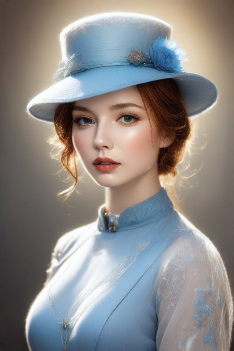 The image captures a close-up of a woman's face and upper attire. The focus is on her facial features, which include her eyes, nose, lips, and skin. She is wearing a blue hat adorned with decorative buttons, suggesting a vintage or formal style. The soft lighting enhances the texture of her skin and the subtle makeup she has applied. The image evokes a sense of elegance and sophistication.,Supreme,Truly Asian Beauty,1girl