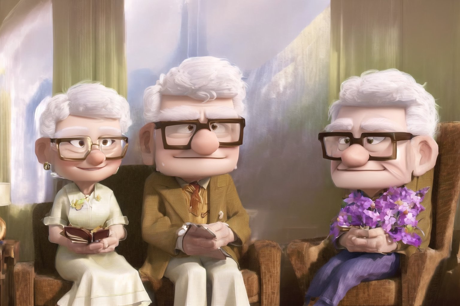 (((masterpiece))), best quality, they are (husband and wife). They are talking when sitting on the sofa.  Husband: about 65yo, wear glasses, white hair Wife: 62yo, , brown hair, doesn't wear glasses. , Pixar Up 2009 style, Wonder of Art and Beauty, old_aged Pixar Up 2009 style,