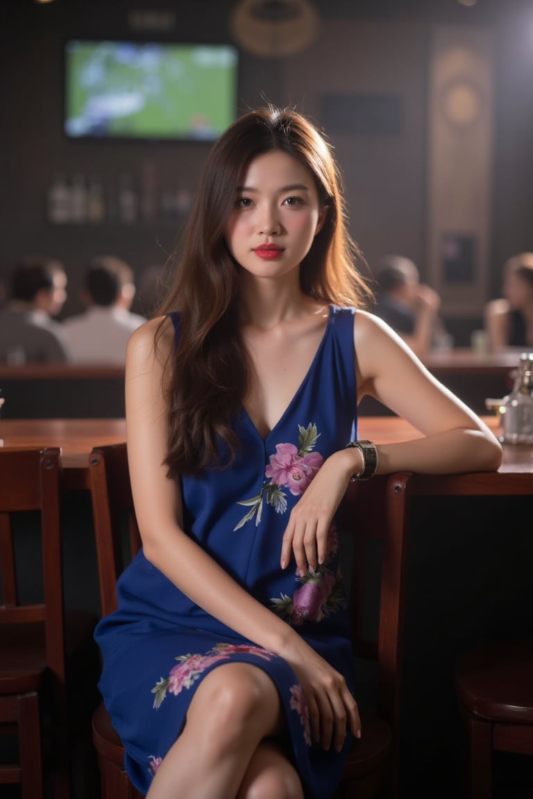 a young Asian woman is seated at a bar, her long brown hair cascades over her shoulders. She is wearing a sleeveless blue dress adorned with a floral pattern, adorned with red lipstick. She's sitting on a brown stool, her left hand resting on the bar counter, adding a touch of balance to her body. The backdrop is blurred, suggesting a bar is filled with people seated. The lighting is subdued, creating a vibrant contrast to the scene.