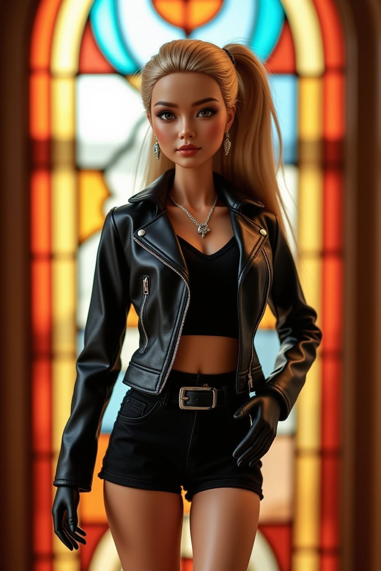 a full-length female doll is posed in front of a stained glass window. The doll is dressed in a black leather jacket, black shorts, a black belt, and black gloves. She is adorned with a silver necklace and earrings. Her hair is pulled back in a ponytail, adding a touch of warmth to her outfit. The backdrop is a vibrant shade of brown, with a mix of orange, yellow, and blue colors.