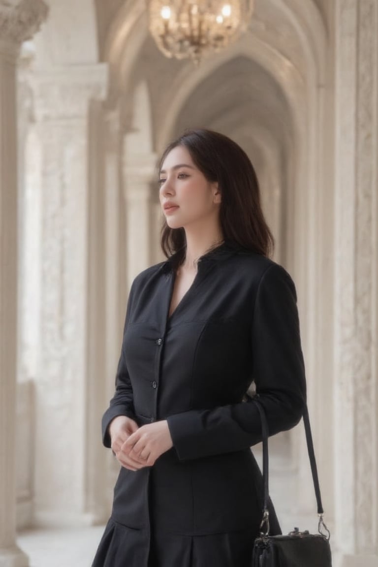 A stylish woman stands poised in a stark white room, her luscious hair cascading over her shoulders like a silky waterfall. She wears a black button-down shirt and flowing black skirt, cinched at the waist by a subtle belt, with a black purse grasped firmly in her left hand. Her piercing gaze is directed towards the viewer, as if lost in thought. The chandelier's soft glow casts a warm ambiance on the scene, complemented by intricate carvings adorning the walls, drawing the eye upward and outward. Perfectly captured fashion meets captivating composition.,pink art,Perfect fashion