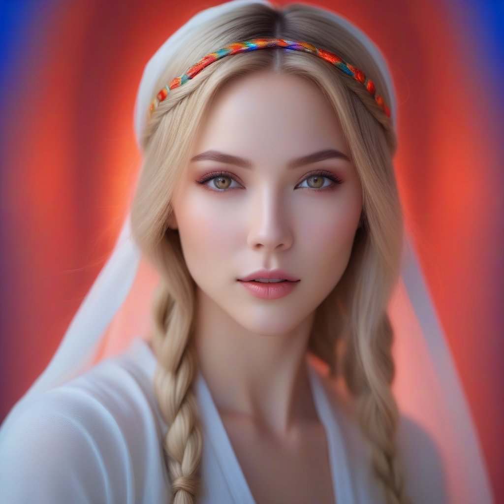 1woman, ((blank background)), vibrant colors, head and shoulders portrait, long_hair, blonde hair, single braid, pale, bangs, glowing red_eyes, warrior, large forhead,MasterF