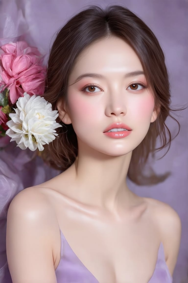 The image is a portrait of a woman who appears to be styled for a beauty shoot. TA beautiful and very nice face off character's attire and the presence of flowers suggest a theme that could be associated with spring or romance. The soft focus on the background puts the emphasis on the woman, highlighting her features and the fabric she is wearing. The color palette is composed of soft pinks and purples, which contribute to the overall gentle and serene mood of the image. There is no text present in the image to provide additional context.,Elite beauty,Realistic Enhance