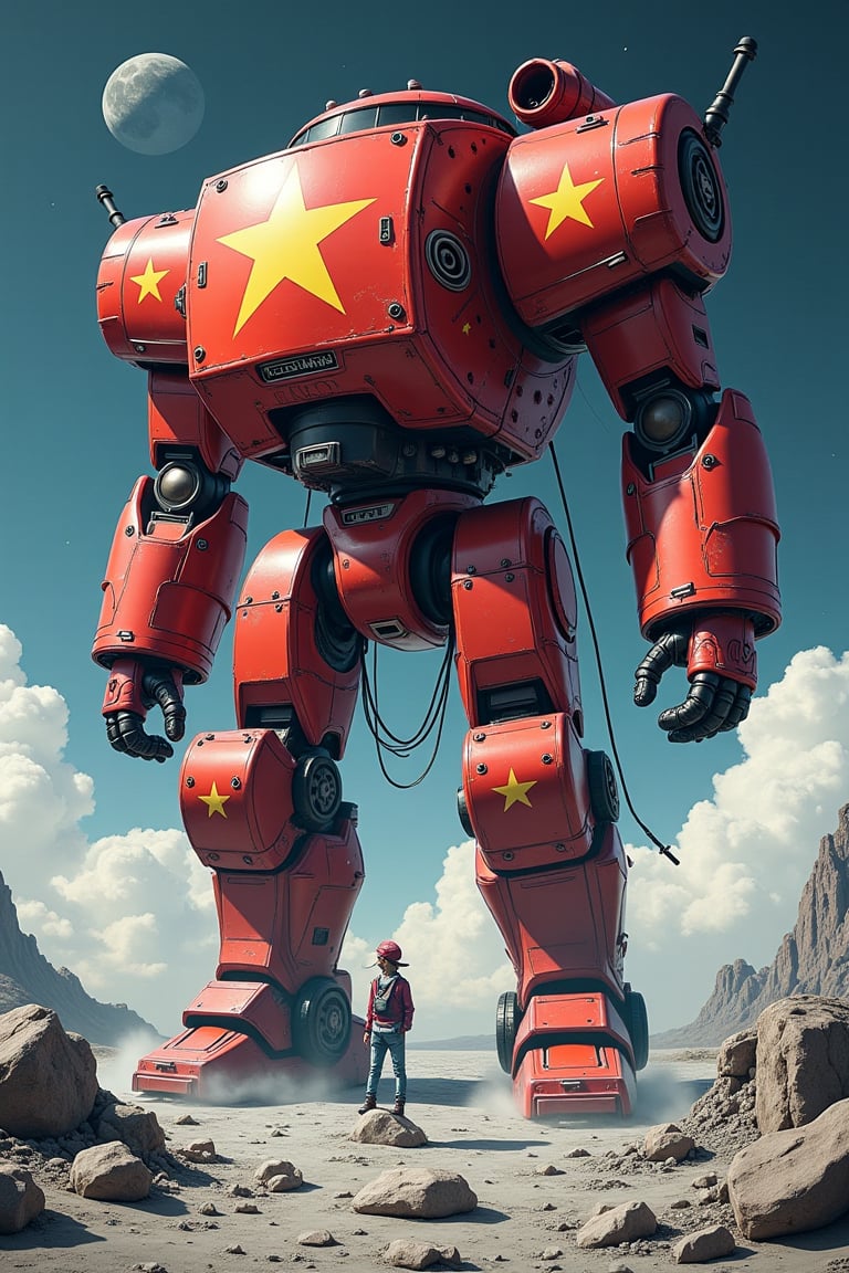 A colossal robot, resembling a river transport ship, constructs from an amalgamation of shredded Vietnam flags rises majestically above the diminutive lunar surface. The rust-red hues of the flags blend with the desolate moon's gray terrain, as if the very fabric of reality has been rearranged. In this dreamlike atmosphere, the behemoth robot stands sentinel, its mechanical form an eerie contrast to the celestial backdrop.,anime