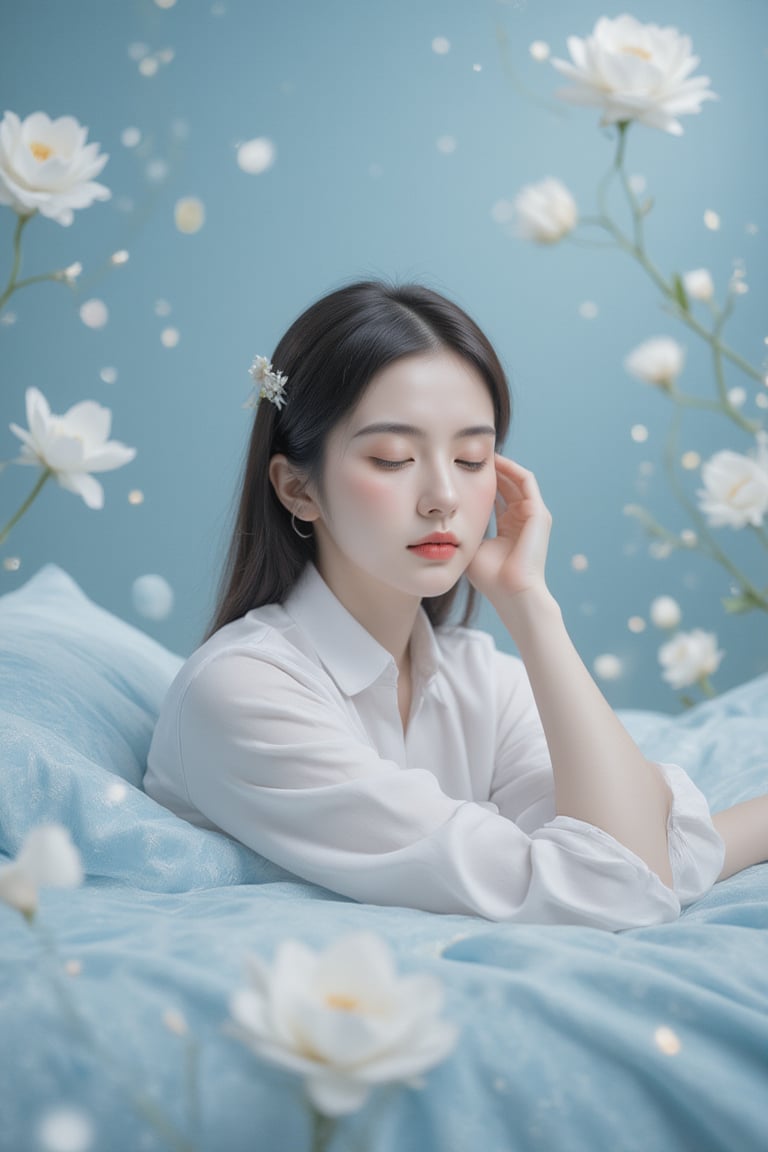 In a serene, lo-fi environment, a woman's gentle smile radiates peace as she rests her hand on her face. Soft blue tones envelop her, like a calming mist. A meditative atmosphere prevails, with delicate flowers and abstract elements swirling around her in harmony. In this 16k UHD illustration, Keith Negley-inspired textures and Mike Mignola-esque lines blend with Jon Klassen's whimsy, evoking a sense of luxury and serenity. Her eyes closed, she embodies tranquility, as if basking in the warmth of a presidential suite's opulent ambiance.