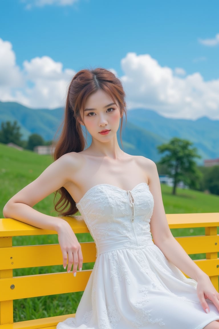 a woman is seated on a yellow wooden bench, her left arm resting on the railing. She is wearing a white strapless dress, adorned with a lace pattern. Her hair is long and cascades in a ponytail, adding a pop of color to the scene. The backdrop is a lush landscape of green grass, trees, and mountains. The sky is a deep blue, dotted with white fluffy clouds.,Perfect fashion,pink art