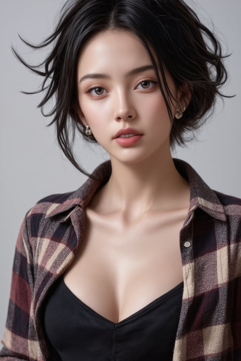 A close-up shot of a stunning woman with porcelain-like pale skin, jet-black hair, and delicate facial features. Her complexion is photorealistically rendered, showcasing every detail from the subtle skin texture to the precise lip shape. A modern flannel shirt adorns her torso, paired with black pants and boots that exude a rock music-inspired edge. Her messy hairstyle adds a touch of undone charm. The digital art style brings an uncanny level of realism, making this image almost indistinguishable from reality.