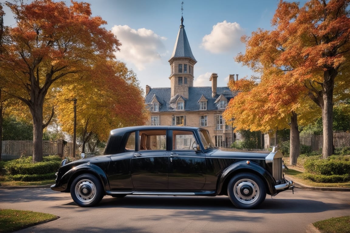 Blue sky beautiful clouds, A captivating illustration by @elmagnifico2 features a classic black 1920s Rolls-Royce elegantly parked on a tree-lined road. The vehicle's timeless design contrasts with the grand, almost fairytale-like Victorian mansion in the background, which has a towering spire and prominent tower. The autumnal setting, with vibrant orange and brown leaves on the trees, adds warmth and richness to the scene. The overcast sky casts a moody atmosphere, enhancing the vintage charm and nostalgic allure of this idyllic tableau.