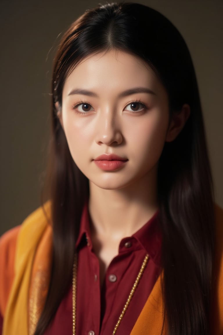 a young Asian woman with long dark brown hair is stunning. She is wearing a gold necklace, a red button-down shirt, and a yellow and orange shawl. The background is blurred, creating a soft focus on the woman's face. The woman's eyes are a piercing blue, and her lips are a darker pink. Her hair is cascading down her shoulders, adding a pop of color to her face.