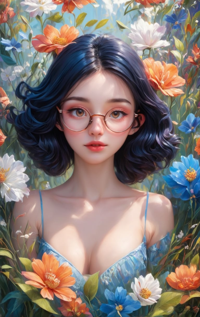 A captivating digital art portrait of a young woman surrounded by a vibrant array of flowers. Her wavy, dark blue hair frames her face, blending seamlessly with the floral elements around her. The flowers, in shades of orange, blue, and white, create a striking contrast against her pale skin. She gazes directly at the viewer with an intense, almost ethereal expression. The intricate details of the petals and leaves intertwine with her hair, giving the impression that she is one with nature. The overall composition is both delicate and dramatic, evoking a sense of mystery and enchantment.,pixar style,Realistic Enhance