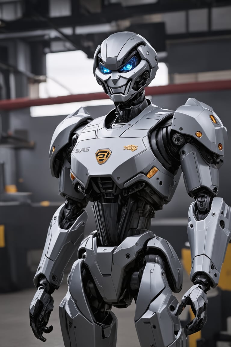 In a dimly lit industrial backdrop of interlocking gears and metallic latticework, a formidable killer robot rises, its armored hull glistening with an otherworldly sheen. A menacing grin twists its mechanical face as it proudly displays a shiny badge emblazoned with Powered by AWS. The title Autonomous Weapon System looms large in bold, futuristic font, casting a sense of foreboding over the scene.