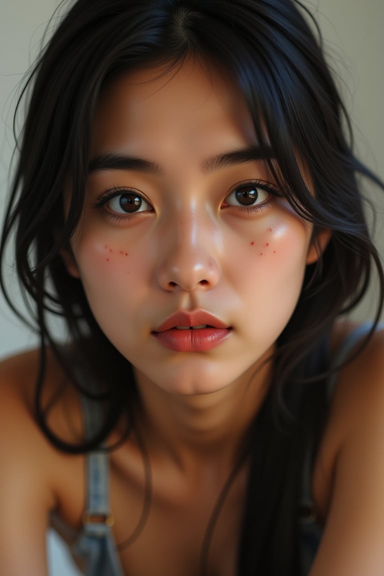 A close-up shot captures the determined gaze of a high school-aged Asian woman, her eyes locked intensely on some unseen point. Her dark hair falls in loose waves around her face, with a few stray strands framing her features. A soft, warm light illuminates her skin, highlighting the subtle contours and freckles scattered across her nose. She sits comfortably, one hand resting lightly on her knee as she leans forward slightly, exuding confidence and focus.