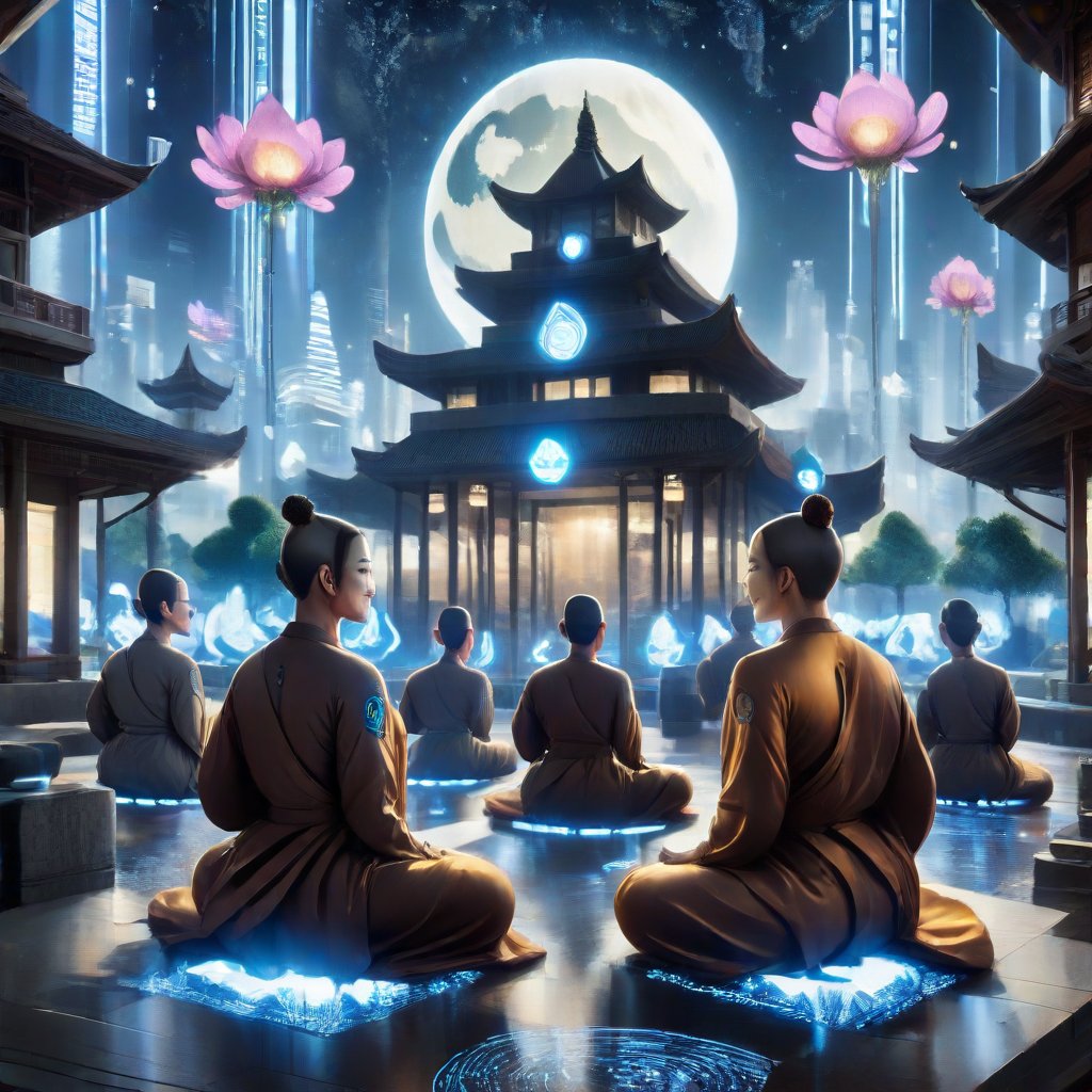 A futuristic scene depicting Buddhism in the year 3000, where monks meditate in a serene, high-tech temple. The temple is illuminated by soft, ambient lighting, with holographic lotus flowers floating in the air. The monks are dressed in advanced, yet traditional robes, sitting in a peaceful lotus position. The background features a blend of ancient Buddhist symbols and futuristic technology, creating a harmonious fusion of old and new. The composition is centered around the monks, with the temple architecture framing the shot, emphasizing the serene atmosphere.