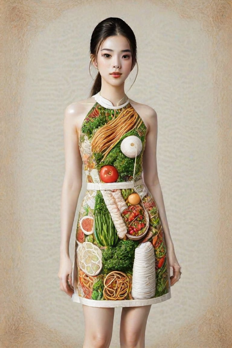 The image is an artistic representation of a female figure wearing a unique outfit. The outfit is a pencil dress that are designed to resemble a variety of the  Vietnamese white noodles, vegetables, meat, and sauces, arranged in a pattern that covers the entire garment. The figure is standing against a plain background with a textured appearance. Notable features include the detailed depiction of the food items on the clothing and the signature of the artist at the bottom right corner. The overall impression is one of creativity and fashion, blending the concept of clothing with culinary art.,Enhanced Realistic,Pho