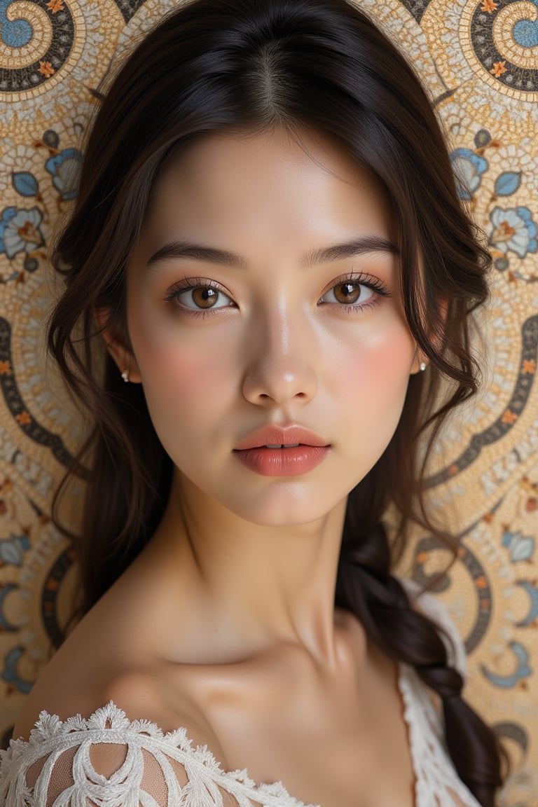 masterpiece of Byzantine mosaics depicts a serene girl with exquisite features in stunning detail. Against a simple yet elegant background, the 16k resolution portrait shines with perfect dynamic composition and bokeh effects. The subjects face is sharply focused, while the surroundings gently blur into a soft focus. A super wide-angle lens captures the high angle shot from above, showcasing her beauty amidst a subtle depth of field.