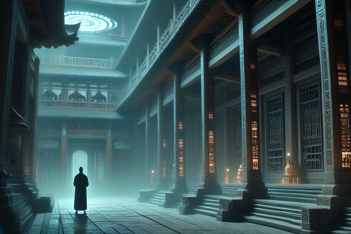 A futuristic scene in 3555: A lone figure stands solemnly within the ancient silence of a pagoda, its intricately carved wooden walls now worn to a weathered gray. Soft, ethereal light seeps through the latticework, casting an otherworldly glow on the subject's contemplative face.,Buhhdism 3555,Enhanced Realistic