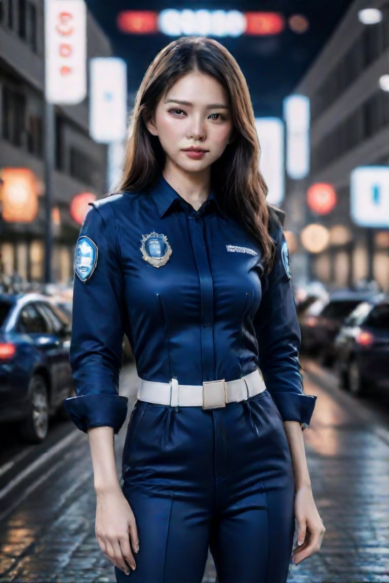 The task is asking for an annotation of the image, which involves describing the visible elements and features without interpretation or embellishment. The woman in the image has a confident posture and her attire suggests she may be portraying a character with authority or a law enforcement role. The badge on her sleeve indicates a connection to a police force or similar organization. The setting appears to be urban at night, providing a contrasting backdrop to her formal attire. The lighting accentuates her figure and the texture of her clothing. There is no additional context provided within the image itself to suggest a story or background.,Enhanced Realistic