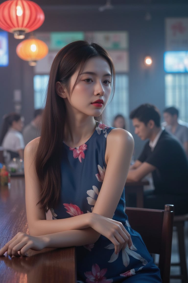 a young Asian woman is seated at a bar, her long brown hair cascades over her shoulders. She is wearing a sleeveless blue dress adorned with a floral pattern, adorned with red lipstick. She's sitting on a brown stool, her left hand resting on the bar counter, adding a touch of balance to her body. The backdrop is blurred, suggesting a bar is filled with people seated. The lighting is subdued, creating a vibrant contrast to the scene.