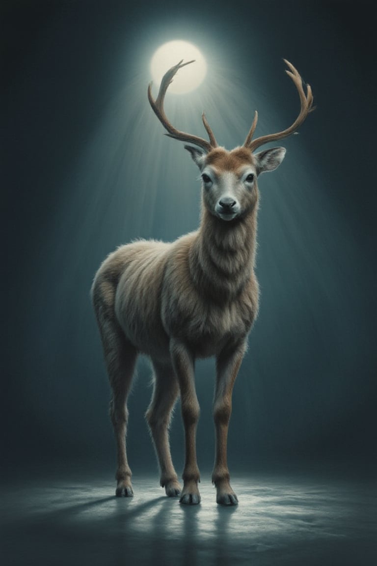 Detailed fine art print of a (Beautiful Deer, fluffy) standing in a moonlit beam, professional sinister concept art, by Art germ and Greg Rutkowski, water, reflection, an intricate, elegant and highly detailed digital painting, concept art , sharp soft focus, illustration, in the style of Simon Stalenhag, Wayne Barlowe and Igor Kierluk, an intricate, elegant and highly detailed digital painting, conceptual art award, colorful sharp soft focus, illustration, in the style of simon stalenhag, wayne barlowe and igor kieryluk.,Tenten