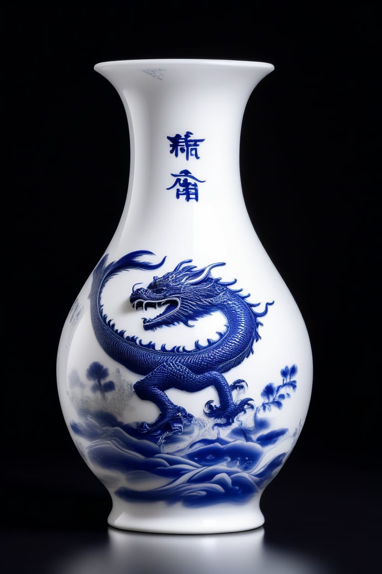 Create an image of a white Chinese vase with a Theo blue ink drawing of a Chinese dragon and a calligraphy inscription. The vase is set against a velvet black background, illuminated by a soft box light effect, highlighting the intricate details and the vibrant blue ink. The composition focuses on the vase, with the dragon and calligraphy prominently displayed, capturing the elegance and cultural significance of the piece.,Unique Masterpiece,Enhanced Realistic,Truly Asian Beauty