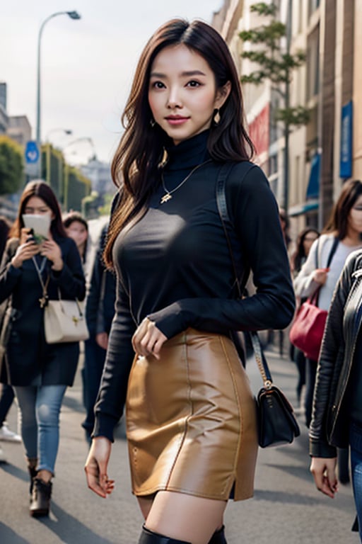 background is street,the Arc de Triomphe,triumphal arch,Paris,
18 yo, 1 girl, beautiful korean girl,
wearing tight black sweater(turtle neck,simple),tight leather short skirt,black long boots,shoulder bag, smile, solo, {beautiful and detailed eyes}, dark eyes, calm expression, delicate facial features, ((model pose)), Glamor body type, (dark hair:1.2), simple tiny earrings, simple tiny necklace,very_long_hair, hair past hip, bangs, curly hair, flim grain, realhands, masterpiece, Best Quality, 16k, photorealistic, ultra-detailed, finely detailed, high resolution, perfect dynamic composition, beautiful detailed eyes, eye smile, ((nervous and embarrassed)), sharp-focus, full_body, cowboy_shot,