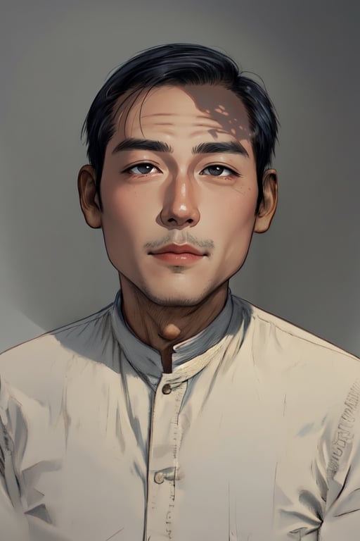 Sketch portrait of a Vietnamese man, circa 1980. . His smooth face, free from whiskers (râu ria), is illuminated by soft, warm lighting that accentuates his gentle features.