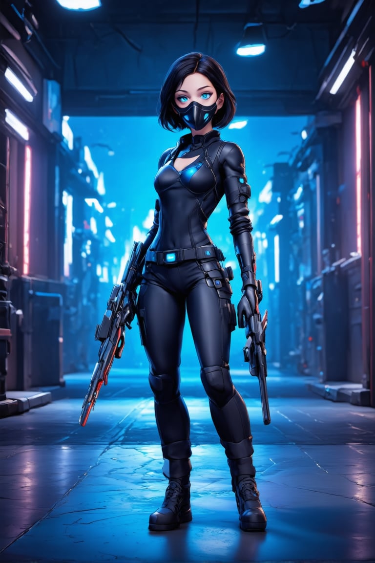 A lone Cyberpunk corporation mercenary assassin stands confidently in a dimly lit, atmospheric setting, illuminated by flickering neon lights that cast harsh shadows. Her pale skin glows with a subtle metallic sheen, while her glowing blue eyes seem to pierce through the darkness. At her temples and neck, cybernetic implants are visible, a testament to her augmentations. Behind her, secret rebels in muted attire blend into the shadows, their faces obscured by masks. The air is thick with tension as this deadly mercenary stands watchful, ready to strike at any moment. Hyper-detailed textures and Pixar-style animation bring this cyberpunk world to life, infusing it with a sense of grit and intensity.