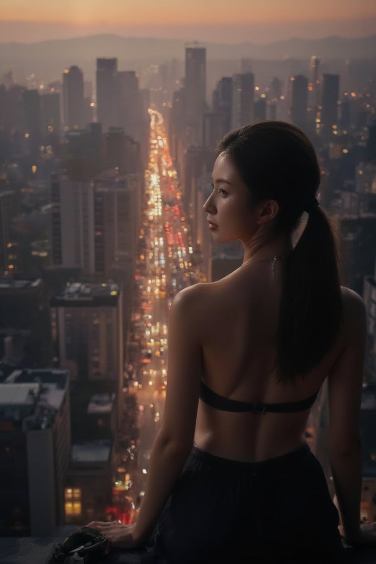 (masterpiece, best quality), (busy city,bustling atmosphere,silhouette of a teenage girl at the top of a building looking down at the street), dusk, neon lights, high-rise buildings, twinkling cityscape, energetic pedestrians, rushing traffic, vibrant colors, urban metropolis, hustle and bustle, modern architecture, skyscrapers, city lights, asphalt roads, flickering street lamps, urban soundscape, blurred motion of cars and people, urban sprawl, city at night, nightlife, teenager's contemplative stance, isolated figure, loneliness in the crowd, ethereal atmosphere, mysterious aura, reflection of city lights on the windows, warm glow of the setting sun, exciting energy, imposing shadows, towering skyscrapers, rebellious spirit, expansive city view, vivid vitality, metropolitan dreamscape, urban exploration, romanticized chaos, captivating skyline, anonymous faces, concrete jungle, raw emotions, inspiring heights, clenched fists, hazy skyline, endless possibilities,Enhanced All,ghibli,cyber