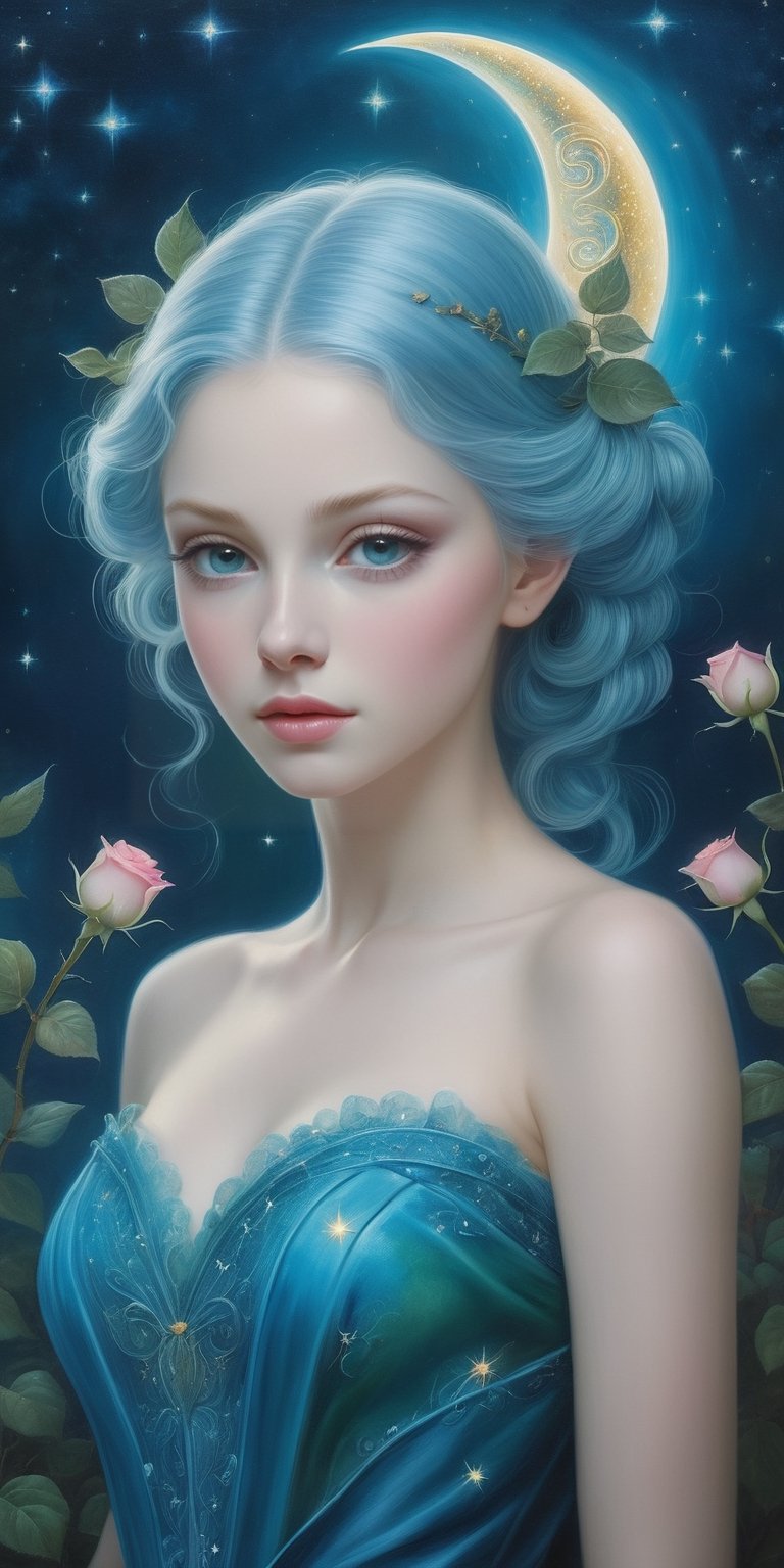 ultra highly detailed, mannerism, surrealism digital painting,   by Marc Todd, Nicoletta Ceccoli, Ray Caesar, WLOP,  close up  half  water transparent luminous  fairy  half blue rose   , swirling blue rose vines,, trees  big blue closed rose flowers, moon, moonlight, detailed night sky with stars and clouds, lavish green leaves,  garden, blossoming,  stars, sparks, Van Gogh starry sky , celestial glowing,  glowing aura,   mystical,  water drops, highly detailed, intricated, intricated pose, complex background ,  oil painting, thick strokes,  mannerism , vibrant colors, masterpiece, high quality, 32k, best quality, , ultra sharp focus