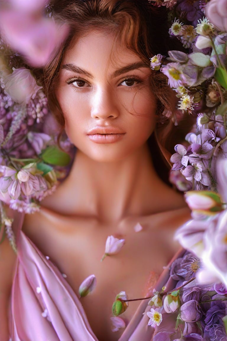 The image is a portrait of a woman who appears to be styled for a beauty shoot. TA beautiful and very nice face off character's attire and the presence of flowers suggest a theme that could be associated with spring or romance. The soft focus on the background puts the emphasis on the woman, highlighting her features and the fabric she is wearing. The color palette is composed of soft pinks and purples, which contribute to the overall gentle and serene mood of the image. There is no text present in the image to provide additional context.,Elite beauty,Realistic Enhance