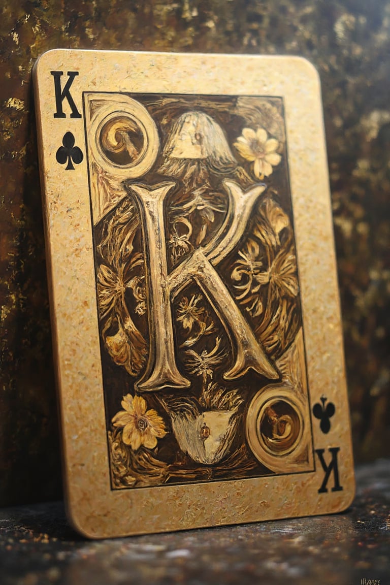 A close-up shot of a beautifully crafted, impressively personalized playing card with a giant 'K' emblazoned on it. The card is rendered in stunning detail, with intricate designs and patterns surrounding the central 'K'. The lighting is soft and warm, highlighting the texture of the card's surface. In the background, a blurred cityscape or abstract pattern adds depth and visual interest to the composition.