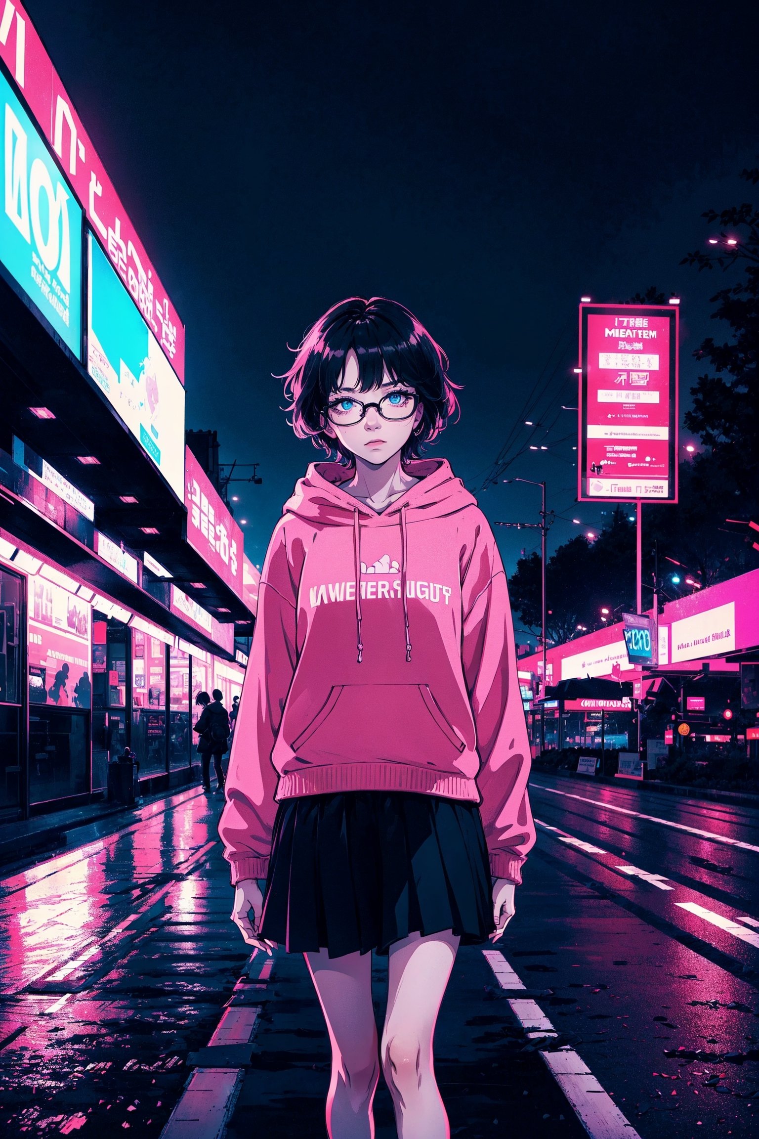 (masterpiece), best quality, high resolution, highly detailed, detailed background, perfect lighting,light blue eyes, medium breasts, cinematic, movie,  1student council girl with glasses and short hair in a pink hoodie (((on a highway at night with city in the background))), (((minimal light, dark moody atmosphere, cinematic,urban landscape))),Makeup,Enhance,SGBB,Wonder of Art and Beauty,wonder beauty ,Ani_Uni