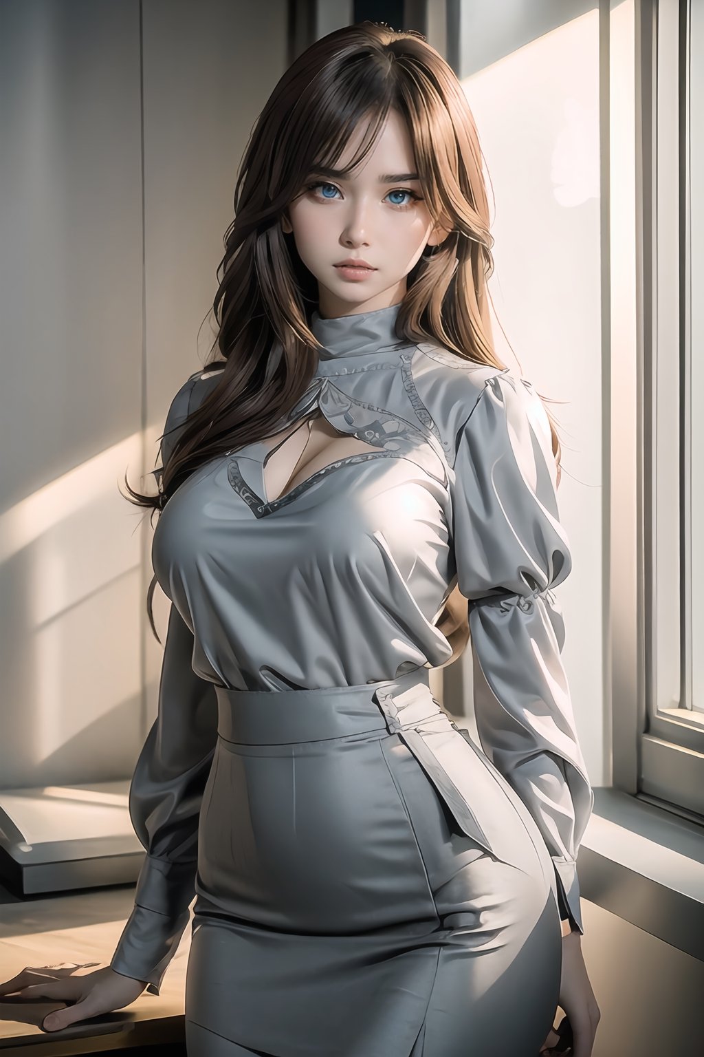 (UHQ, 8k, high resolution, adult anime), 1 girl, 26 years old, (((((very ANGRY))))), angry face, housewife, Curvy MILF body, seductive, Passionate, Elegant, long flowing Hairstyle with bangs that fall on her forehead, Dark Brown hair color, green eyes, wearing a simple sexy ((((white blouse and light gray pencil skirt)))), full detail,Timeless beauty,SAM YANG,Wonder of Art and Beauty,Sugar babe 