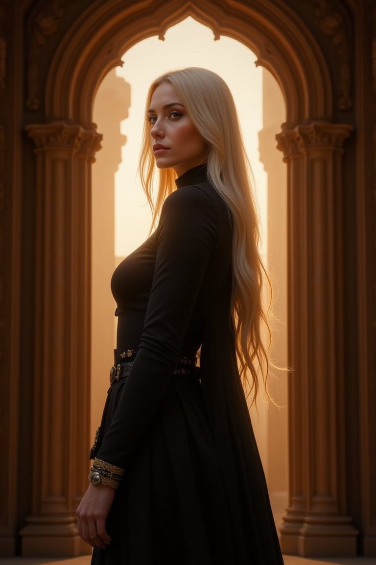 In the grandeur of a majestic castle, a regal Victorian lady stands tall, her heroic pose exuding elegance and sophistication. Wearing black attire adorned with gold trim, she is framed by a ornate archway, bathed in warm, golden lighting that accentuates her porcelain complexion. Her blonde locks cascade down her back like silk, as her piercing gaze meets the viewer's. The subject fills the entire frame, with intricate details of her upper body rendered in exquisite, Leonardo-style strokes. This masterpiece of a portrait is rendered in stunning 8k resolution, with every strand of hair and fold of fabric meticulously captured.