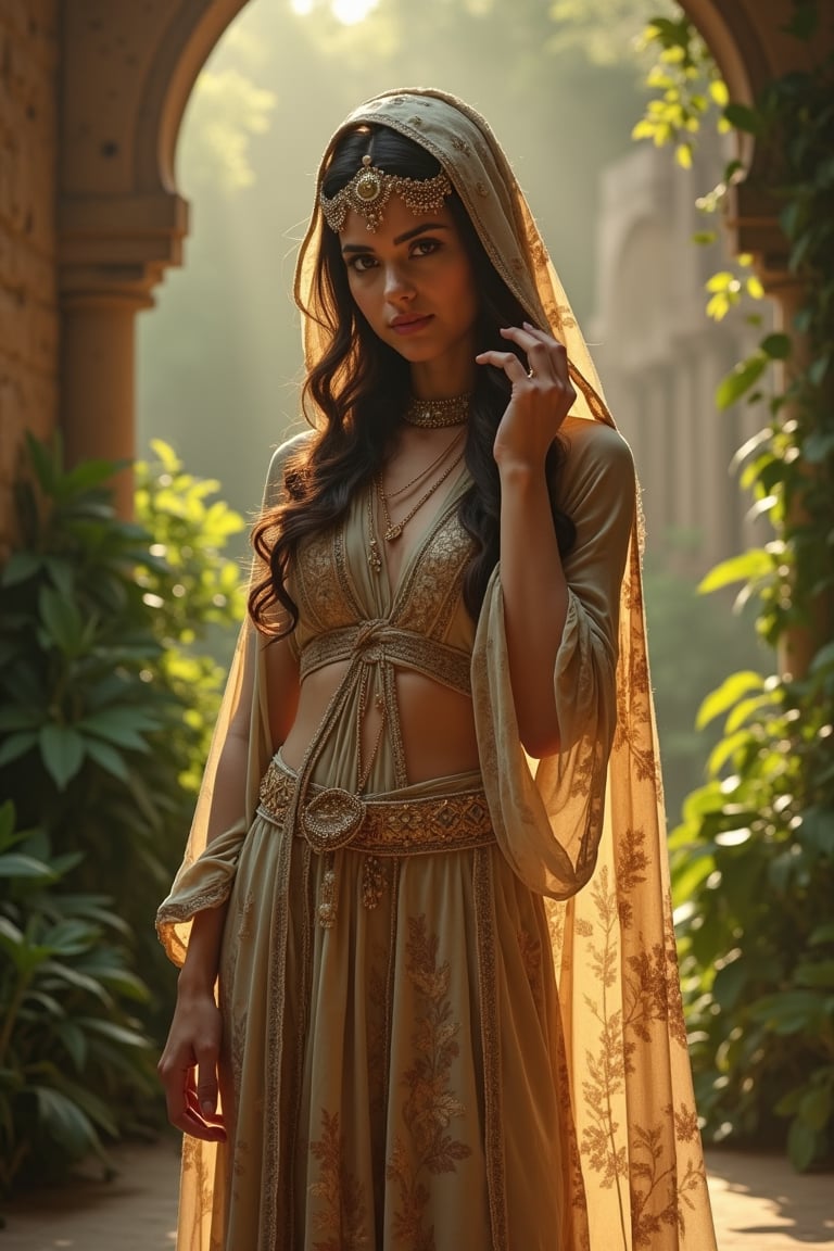 A mystical atmosphere envelops a lone figure, reminiscent of Scheherazade's opulent elegance. The young woman, dressed in flowing robes with intricate patterns, stands amidst lush greenery and ancient architecture. Soft, golden light filters through the foliage, casting warm tones on her porcelain skin. Her piercing gaze meets ours, as she gently adjusts her ornate headdress. Earthy hues of the surroundings harmonize with her attire, as if the environment itself has infused into her very being.