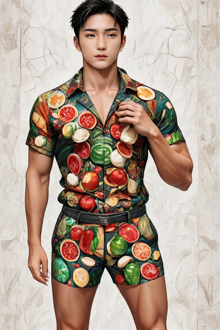 The image is a digital illustration featuring a male figure standing against a textured white background. The figure is depicted in a relaxed pose with one hand slightly touching the front of his outfit. His attire consists of a unique shirt and shorts that are patterned with various food items, including noodles, vegetables, and meats, suggesting a culinary theme. The colors in the pattern are vibrant, with reds, greens, and browns prominently featured. The illustration style is detailed, with clear outlines and shading that give depth to the design. There is no additional context provided beyond the figure and his attire.,Truly Asian Beauty,Enhanced Realistic