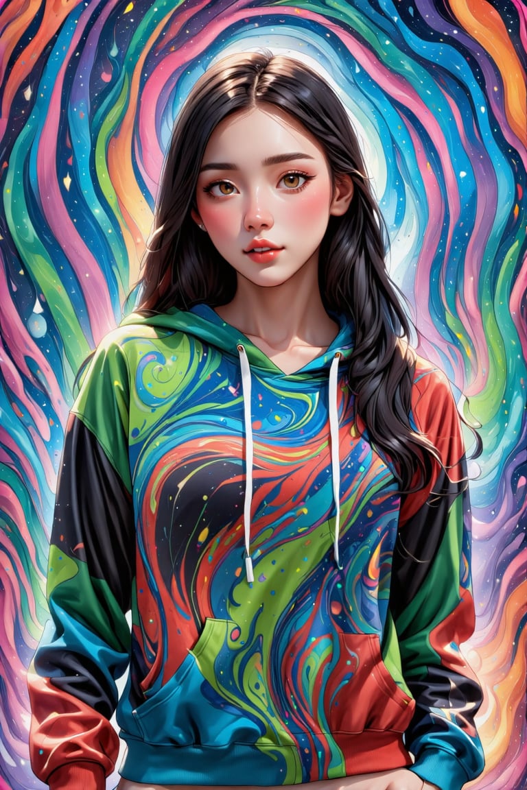 A stunning portrait of a young woman dressed in a vibrant, multicolored hoodie with swirling patterns of green, Red, black, white, and teal. Her long, flowing hair cascades down her shoulders, complementing the intricate design of her outfit. The background mirrors the psychedelic patterns of her attire, creating a seamless, mesmerizing effect. The woman's expression is calm and confident, her gaze directed towards the viewer. The overall scene exudes a sense of bold, artistic flair and modern fashion.,pixar style,Enhance