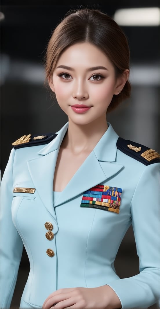 A stunning portrait of young hottest de l'air, showcasing stylized features, elegant facial expressions, and a radiant smile. Her hair is styled in a sleek bun, complementing her flight uniform attire. The high-resolution image is set against a blurred background with subtle dark tones, allowing the subject's beauty to take center stage. A flawless complexion and expert makeup application enhance her Elite beauty, exuding confidence and poise.