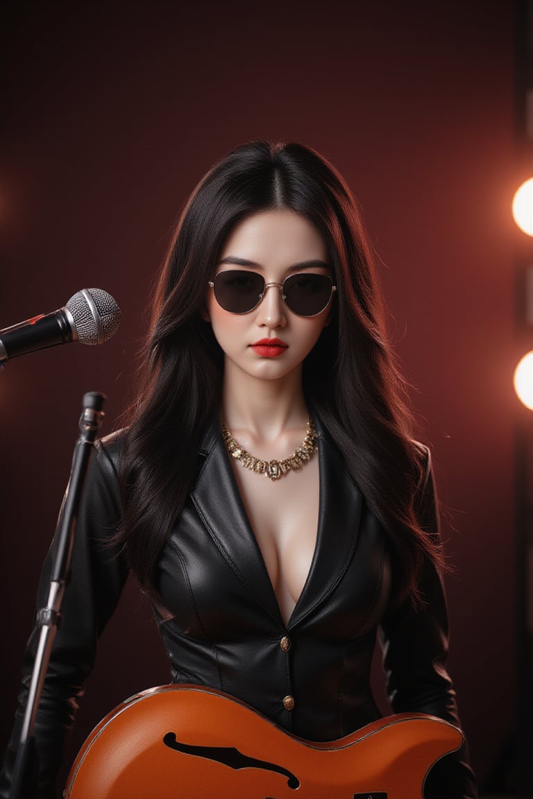 a woman with long brown hair, wearing a black leather jacket and black sunglasses, is standing in front of a microphone, holding a guitar in her hands. The guitar is a vibrant orange, with a black strap across the top of the guitar. She is wearing a gold necklace and a gold chain around her neck, adding a touch of charm to her outfit. The background is a dark red, with bright lights shining down on the right side of the image.,wonder beauty