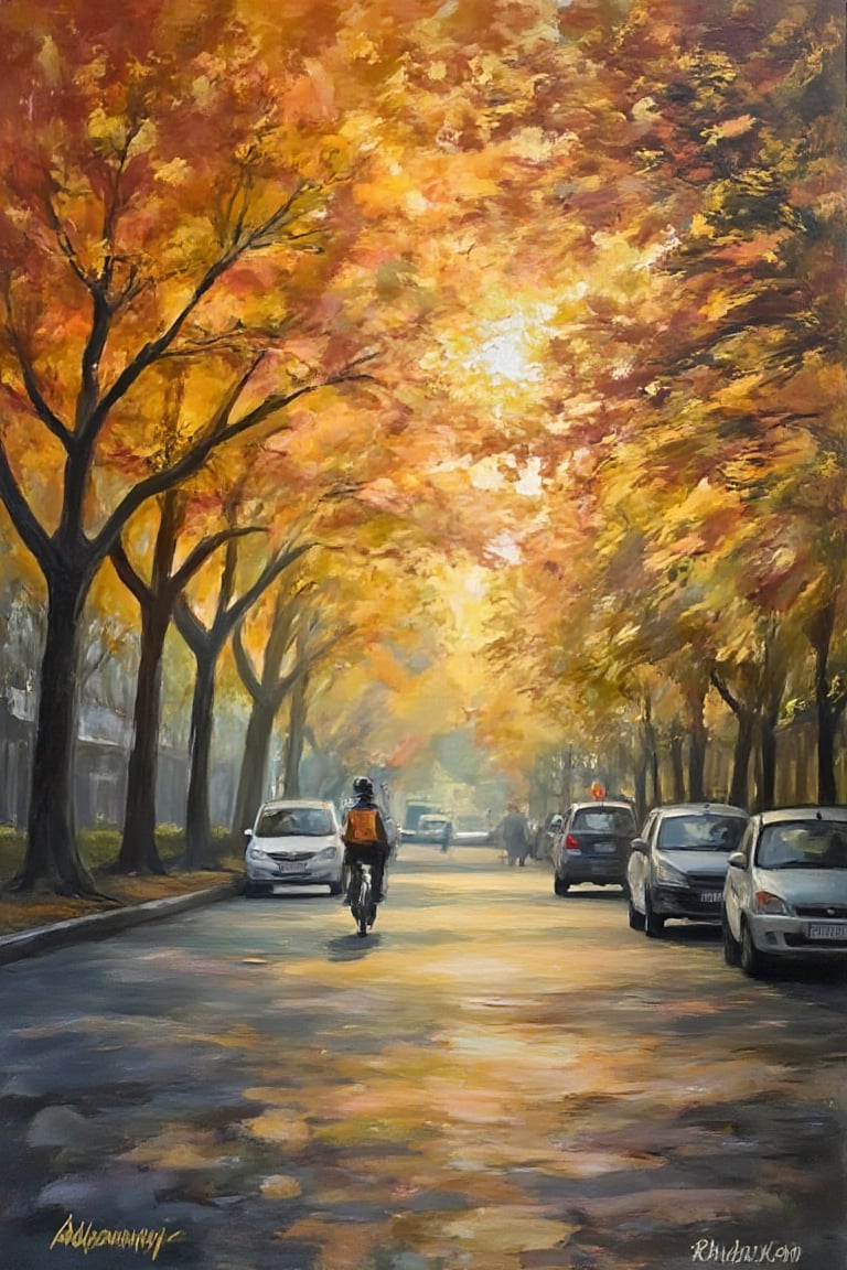 Oil painting by artist has world prize award, 1 vision of Hanoian in early morning of Autuamn day. The sunlight go through the layers of trees lines on the old road, informs the citizen that a new day has coming to the city.,Enhanced all